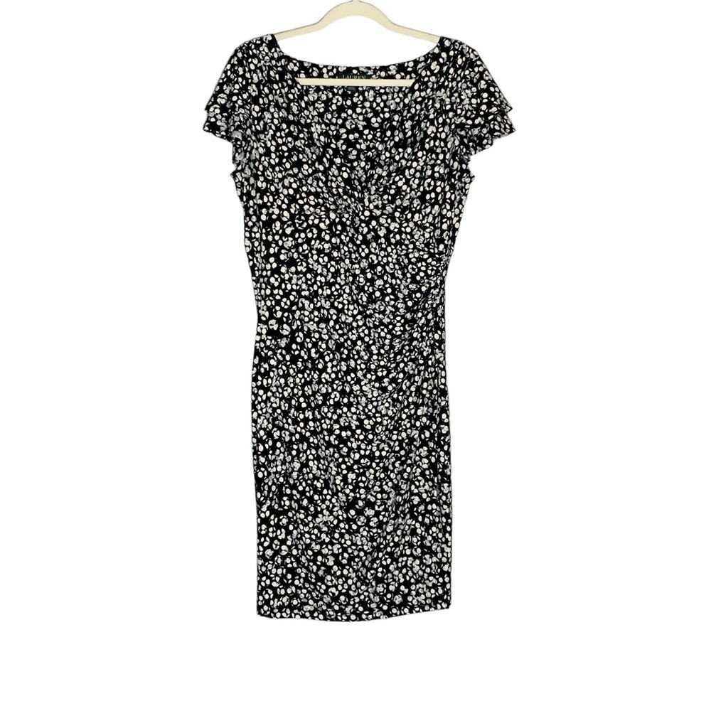Lauren Ralph Lauren black abstract spots faux wrap dress w short sleeve Size 12‎